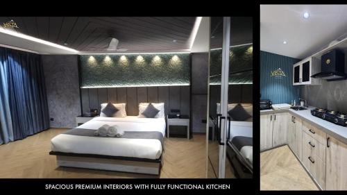 a hotel room with a bed and a kitchen at Studio Apartment by Vista Grande in Panchgani