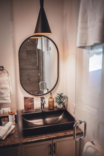 a bathroom with a sink and a mirror at Villa Experience Nature Le Nid in Saint-Irénée