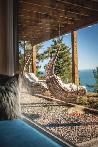 a cat sitting in front of two mirrors at Villa Experience Nature Le Nid in Saint-Irénée