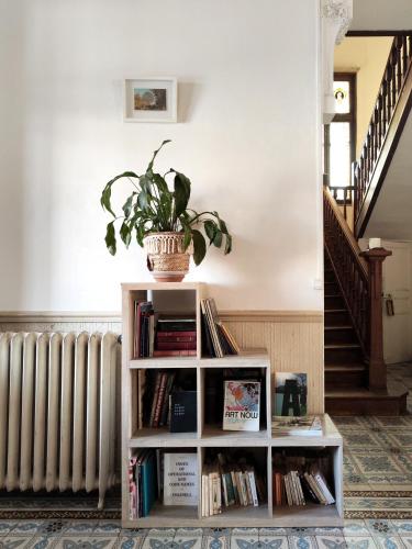 une étagère avec une plante en pot et un escalier dans l'établissement Chez Marcel - Chambres chez l'habitant, à Marseille