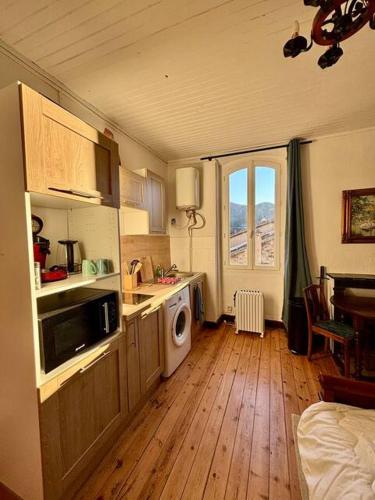 une cuisine avec un évier et une machine à laver dans l'établissement Studio au château de Lachau, à Lachau