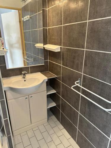 une salle de bain avec un lavabo et un miroir dans l'établissement Cap d'Agde Naturiste côté PORT, au Cap d'Agde