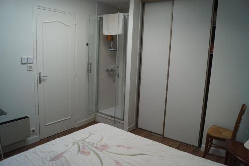 a bedroom with a white bed and a shower at Appartement vue exceptionnelle mer - 3 chambres in Trébeurden