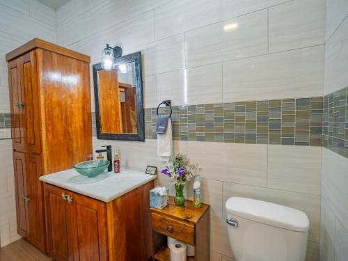 a bathroom with a sink and a toilet and a mirror at Maya Beach Hotel in Maya Beach