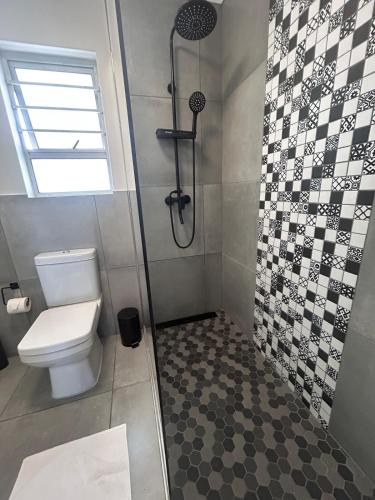a bathroom with a toilet and a shower at 122 Shearwater - Nora's Place in Sedgefield