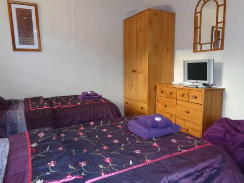 a bedroom with two beds and a television on a dresser at Aviemore Glenlivet Lodge in Aviemore