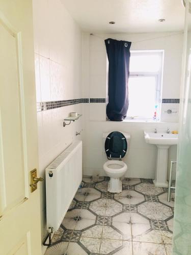 a bathroom with a toilet and a sink and a window at Goldicroft House Road in Wednesbury