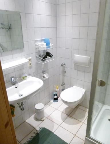 a white bathroom with a toilet and a sink at Heidehof Carstens - Ferienwohnung Ginster in Eimke