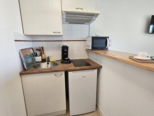 une petite cuisine avec un évier et un micro-ondes dans l'établissement T1 - métro B François verdier, à Toulouse