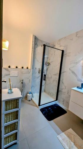 une salle de bain avec une douche, un lavabo et un miroir dans l'établissement Magnifique 70m2 avec patio terrasse en bord de mer, à Pianottoli-Caldarello