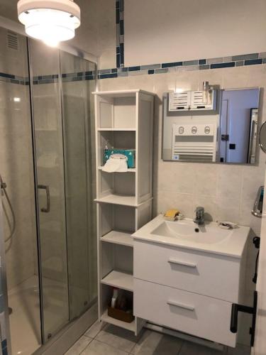 une salle de bain avec un lavabo et une douche dans l'établissement Le Front de Mer, à Saint-Jean-de-Monts