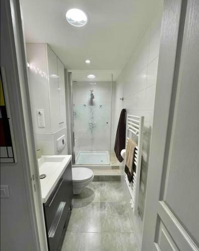 une salle de bain blanche avec toilettes et douche dans l'établissement Chambre à 10 min de Paris, à Argenteuil