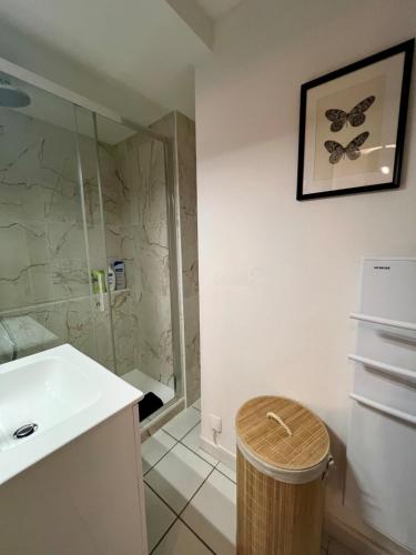 une salle de bain avec une douche, un lavabo et des toilettes dans l'établissement Casa Jaubertie #2-T2 Bis chaleureux-Hyper Centre, à Brive-la-Gaillarde