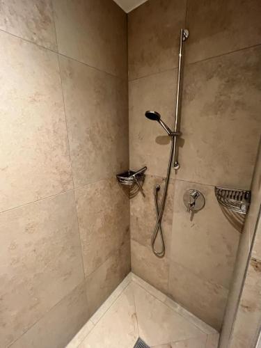 a shower with a shower head in a bathroom at Stranddüne im Achterhus in Juist