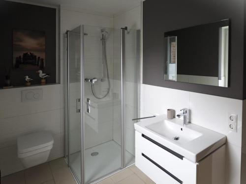 a bathroom with a glass shower and a sink at Kirschgarten 2 - Möwennest in Kellenhusen