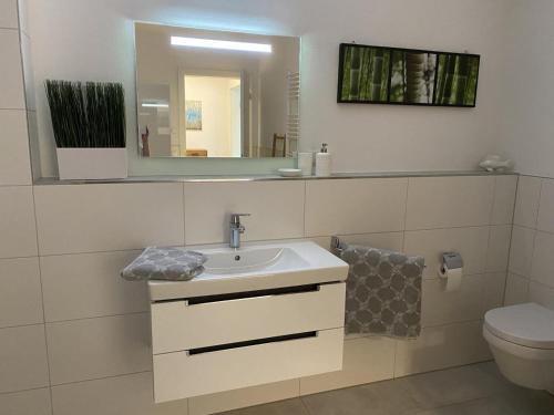 Un baño con lavabo, espejo e inodoro. en Sonnenweg 48-5 - HARMONIE, en Heringhausen