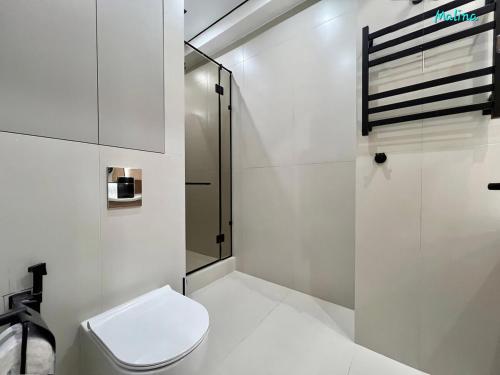 a white bathroom with a toilet and a shower at 3 Bedroom Apartment Malina Residence in Bishkek