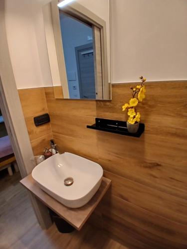 a bathroom with a white sink and a mirror at Regina di Puglia in Santeramo in Colle