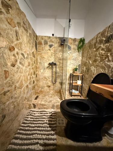 y baño con aseo negro y ducha. en Casa Rosso, en Valea Măceşului