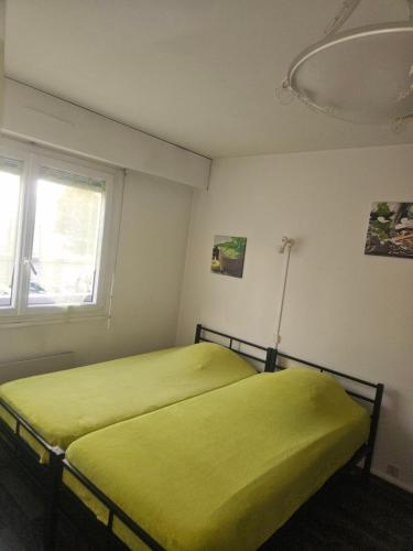 une chambre avec un lit avec une couverture verte dans l'établissement Comfortable furnished studio, à Aix-les-Bains