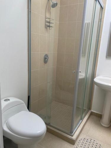 a bathroom with a shower with a toilet and a sink at CASASANTA Fe cercalberca Wifi in Alpuyeca