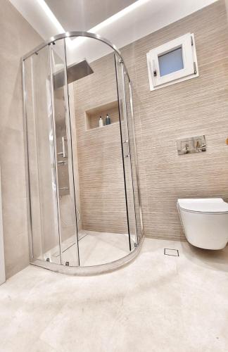 a shower stall in a bathroom with a toilet at DelMar Suites Syros in Finikas
