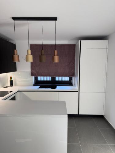 a kitchen with white cabinets and a refrigerator at Marmotta Paltinis in Păltiniş