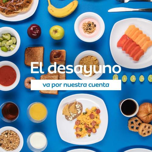 a collage of breakfast foods on a blue background at One Irapuato in Irapuato