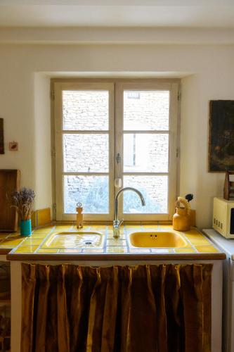 Una cocina con fregadero y dos ventanas. en Haven of peace in luberon, en Cabrières-dʼAvignon