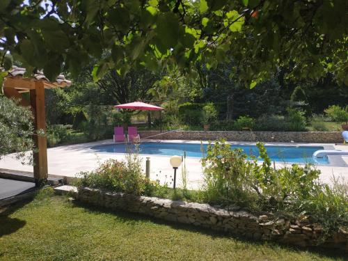 - une piscine avec un parasol et quelques plantes dans l'établissement Au Bonheur et Liberté, à Meyrargues