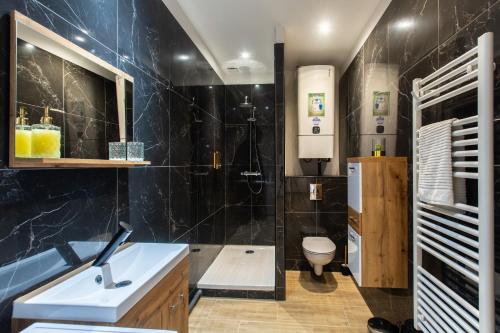 une salle de bain avec un lavabo, une douche et des toilettes dans l'établissement La chute des feuilles - Bundle - Hyper centre, à Abbeville