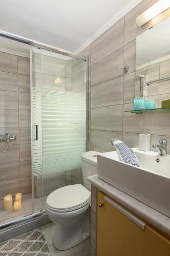 a bathroom with a toilet and a sink and a shower at Anastasia's House in Plátanos