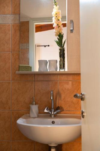 a bathroom sink with a mirror and a vase with flowers at Anastasia's House 2 in Plátanos