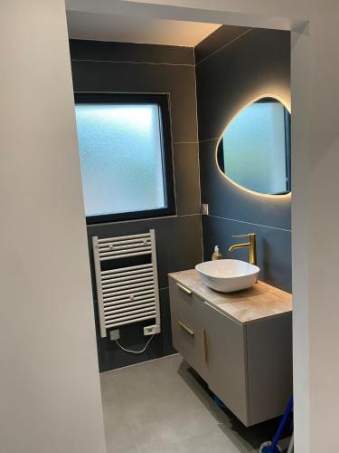 une salle de bain avec un lavabo et deux fenêtres dans l'établissement Exceptional villa with swimming pool, à Boisset-et-Gaujac