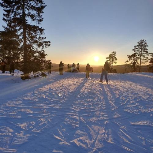 ボルレンゲにあるMyntloftet med inglasad bubbelbadの夕暮れ時に雪の中でスキーを楽しむ人々のグループ