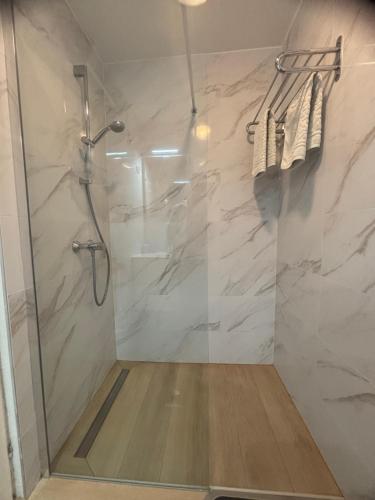 eine Dusche mit Glastür im Badezimmer in der Unterkunft Morosini Apartments in Biograd na Moru