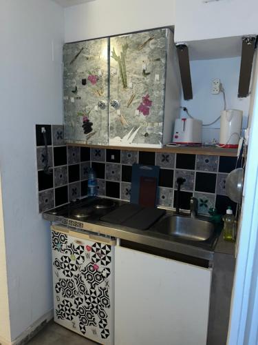 une petite cuisine avec un évier et un comptoir dans l'établissement Studio in city center, à Strasbourg