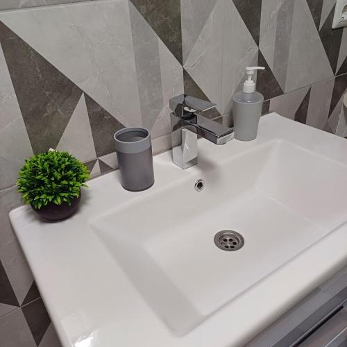 a white bathroom sink with a plant on it at Rose 2 Apartment in Jajce