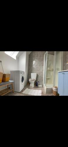 une salle de bain avec toilettes et lavabo dans l'établissement Chez Nadine, à Saint-Georges-de-Reintembault