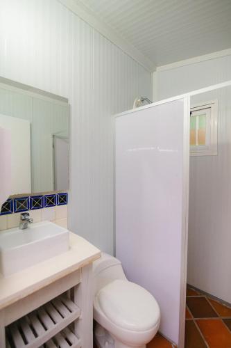 a white bathroom with a toilet and a sink at Primavera Ecoalbergue in La Vega