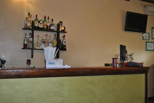 a bar with bottles of alcohol on the wall at Vila Veche in Haţeg