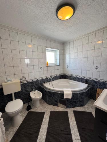 a bathroom with a tub and a toilet and a sink at Apartman Latice in Tomislavgrad