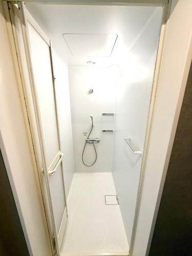 a white bathroom with a shower and a sink at MAGURO BLDG by WhyKumano in Nachikatsuura
