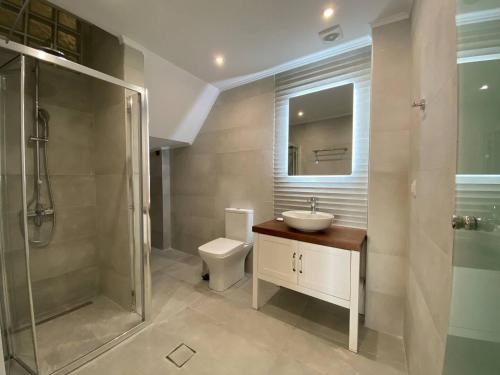 Un baño con inodoro, lavabo y ducha. en Ocean Blue I, Seaside Suite, en Kalamaki