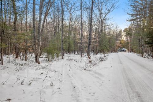 a snow covered road in a forest with trees at Trails & Tranquility Great Nature Game Room in Freedom