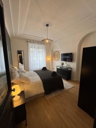 une chambre avec un grand lit et une télévision dans l'établissement Le Carré Or Lyon 6 Boulevard des Belges , 2 Bedrooms, à Lyon