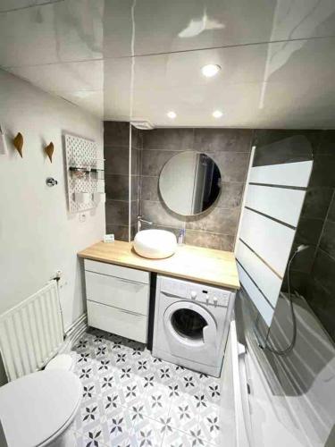 une salle de bain avec un lavabo et une machine à laver dans l'établissement Beau T2 au centre historique, à Toulouse