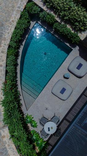 an overhead view of a swimming pool with plants at Noima Boutique Hotel Mykonos in Agios Ioannis Mykonos