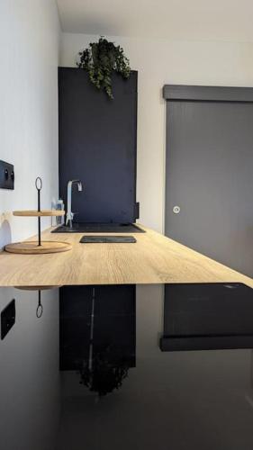 une cuisine avec un évier et un comptoir avec un miroir dans l'établissement Jupiter Tiny House, à Nanteuil-lès-Meaux