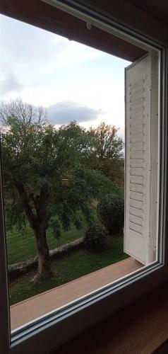 une fenêtre ouverte avec vue sur un arbre dans l'établissement Chambre cozy et calme dans une maison de charme, à Rodelle